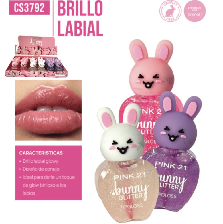 PINK 21  BUNNY GLITTER LIP GLOSS BRILLO LABIAL (CS3792)